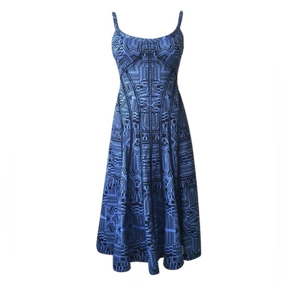 Nanette Lepore Truth or Flare Dress Strappy Geometric Print Blue Periwinkle - Picture 2 of 15